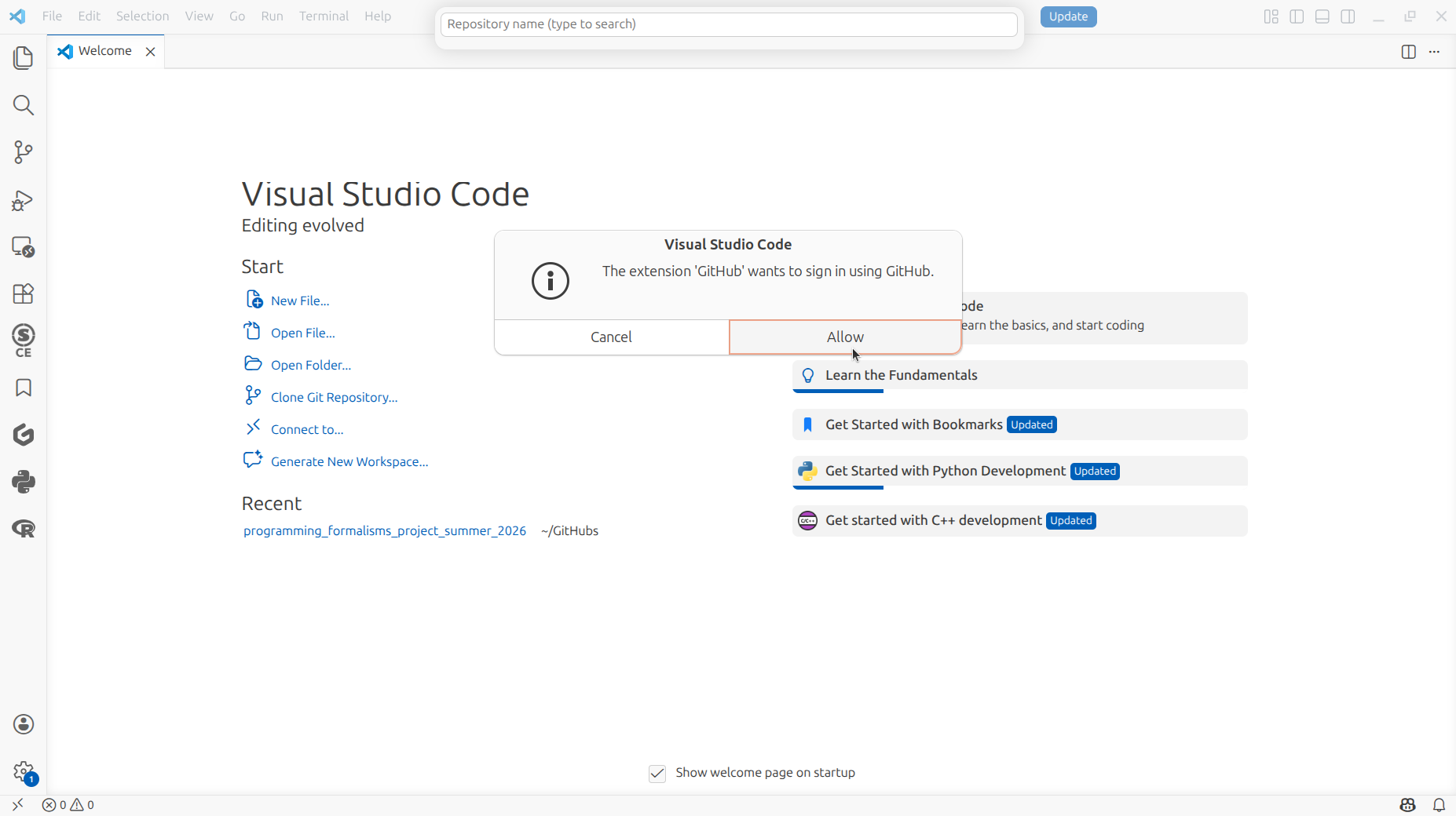When VS Code request access to GitHub, click 'Allow'