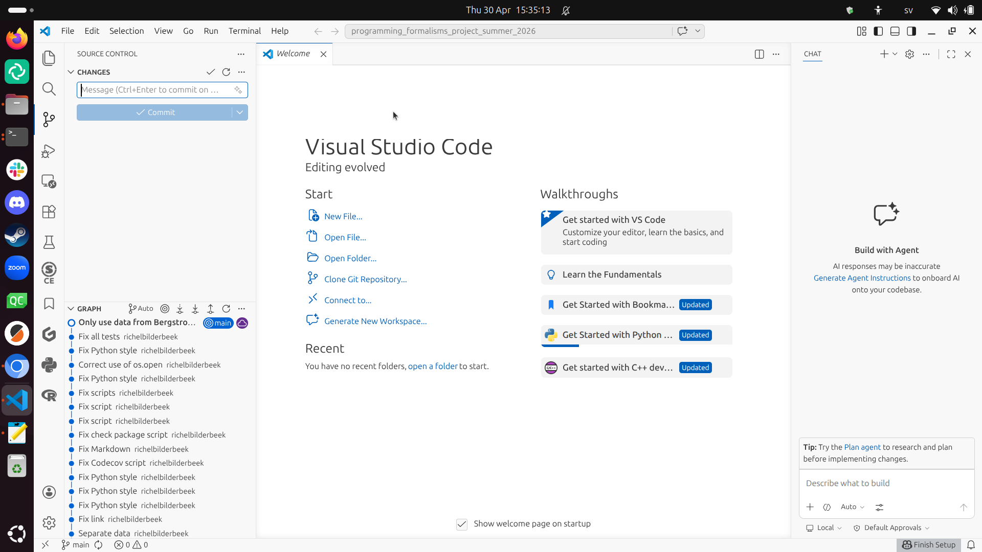VS Code shows the project commit history