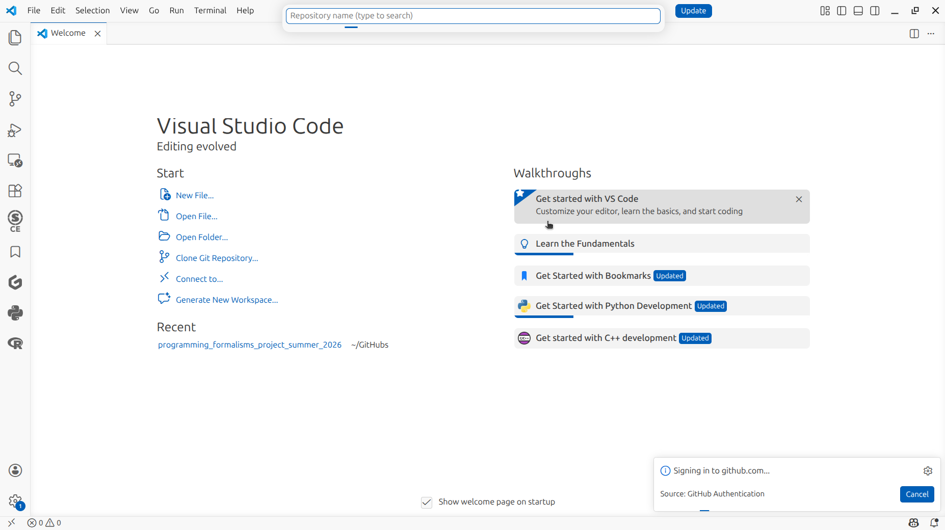 VS Code shows it is signing in to GitHub