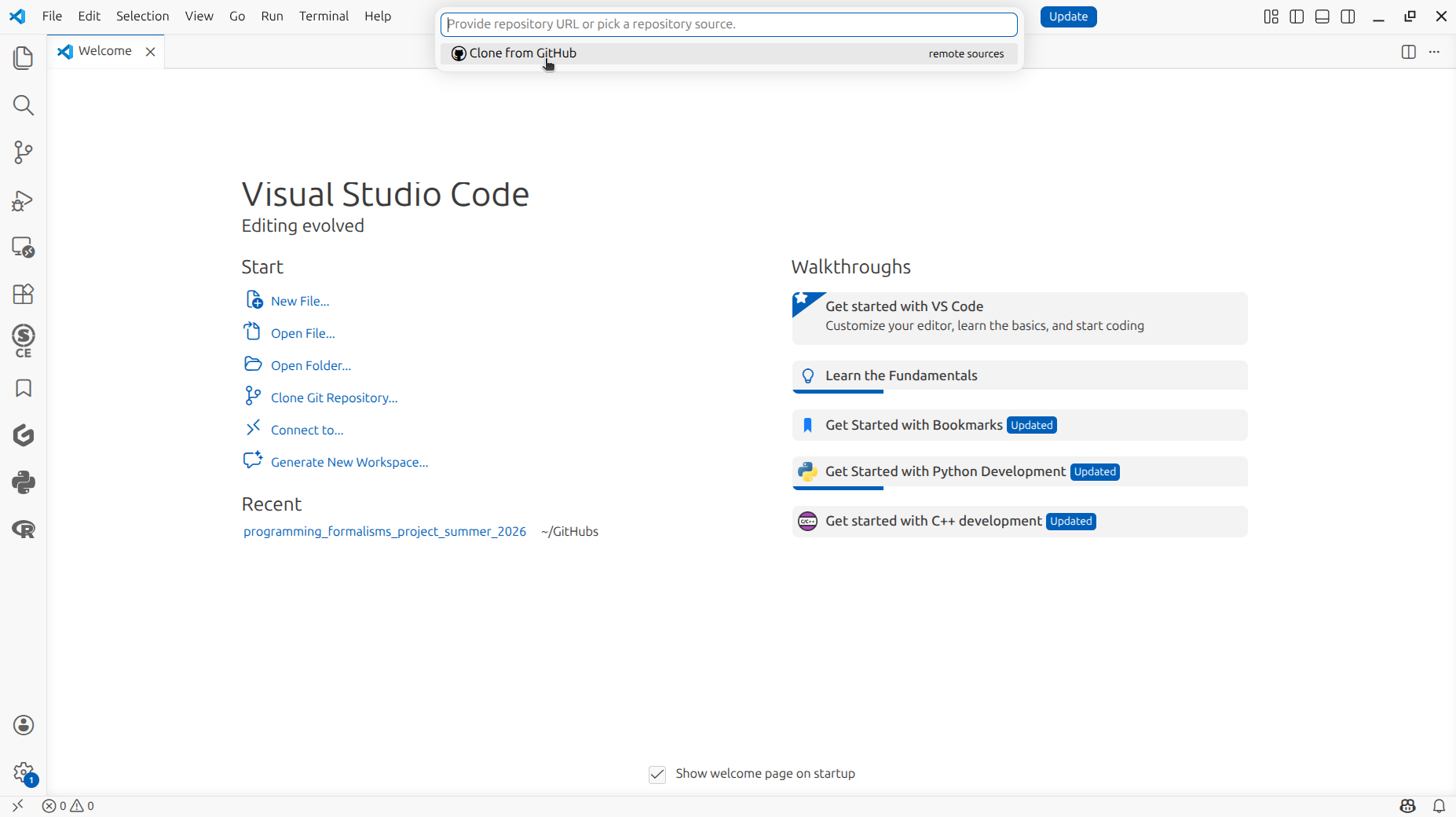 In the Command Palette, click 'Clone from GitHub'
