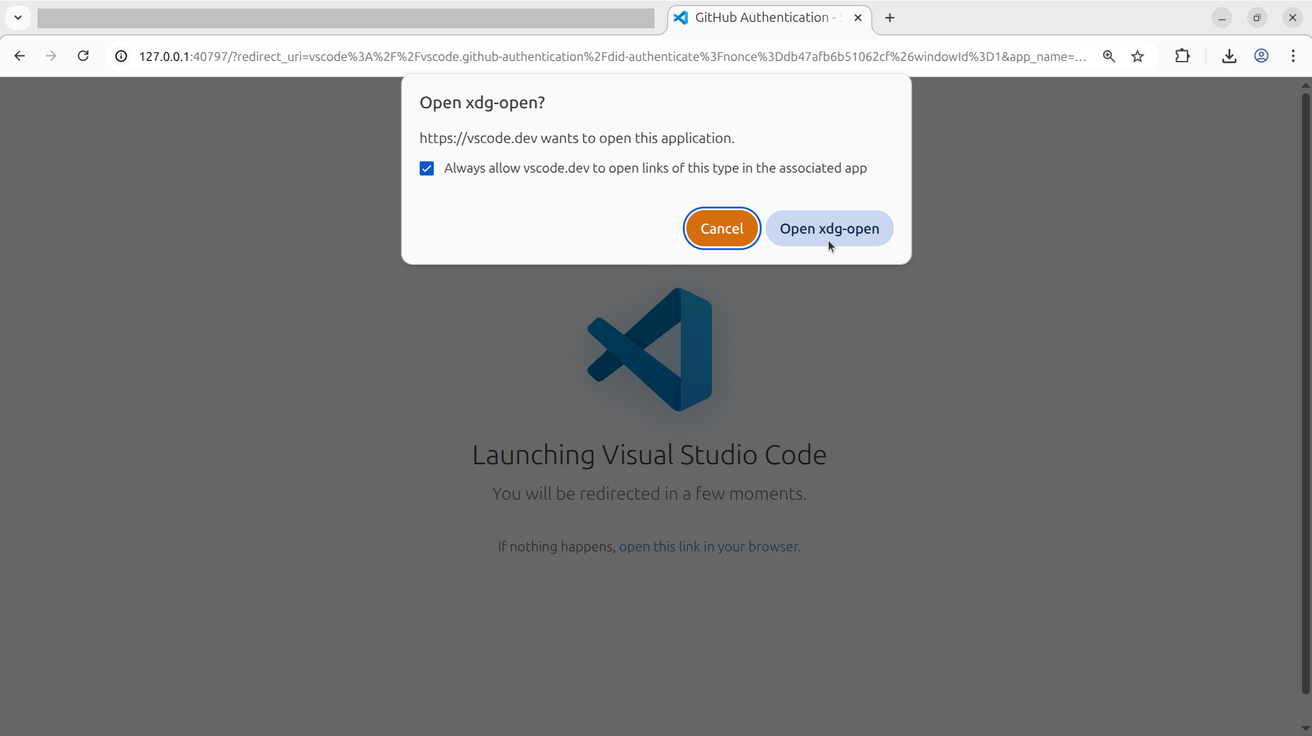 Click on 'Open xdg-open'