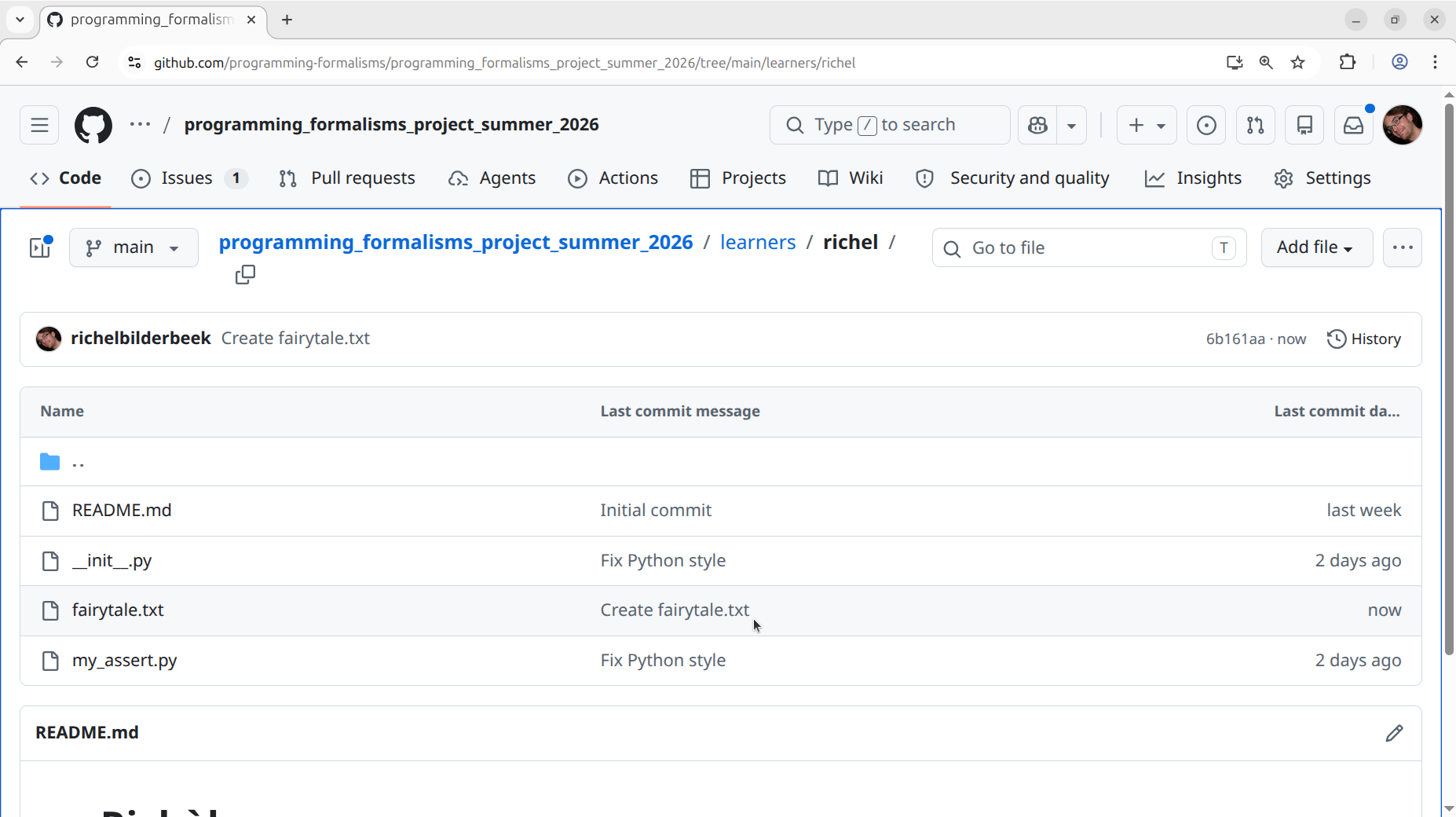 The newly created file on GitHub