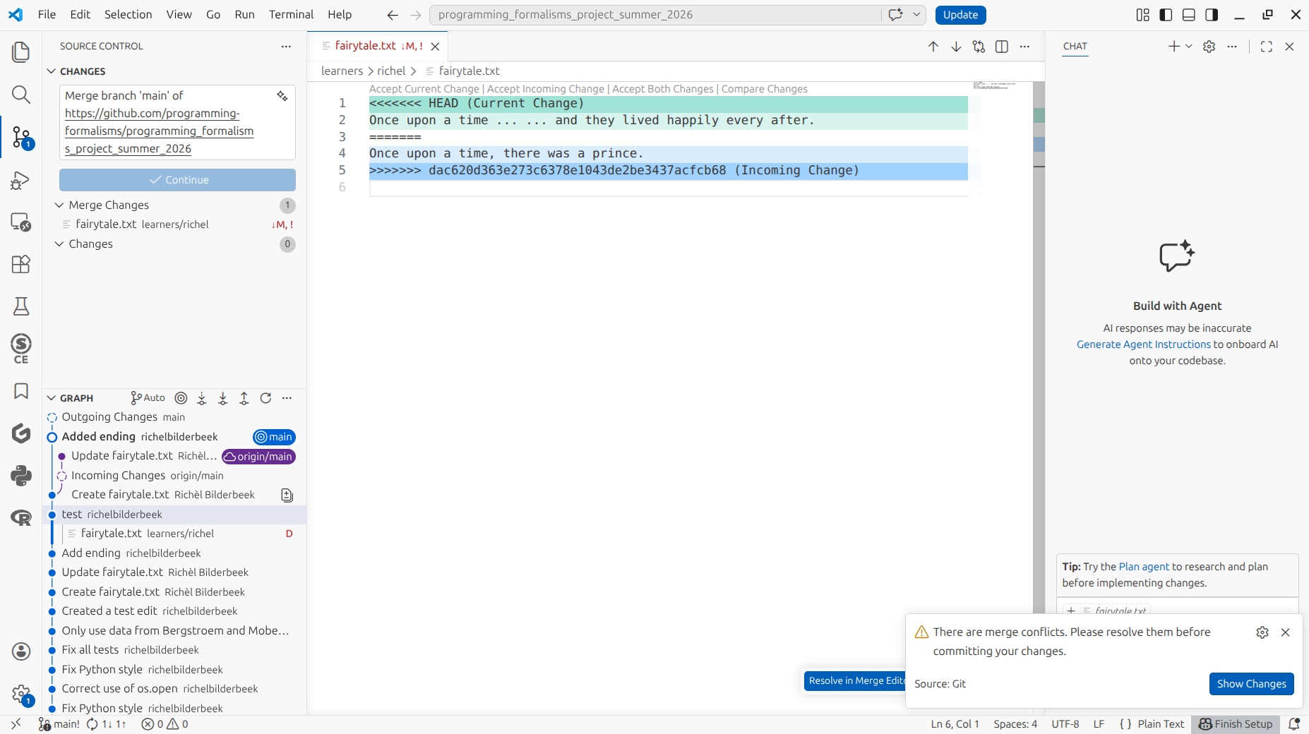 VS Code shows a merge conflict