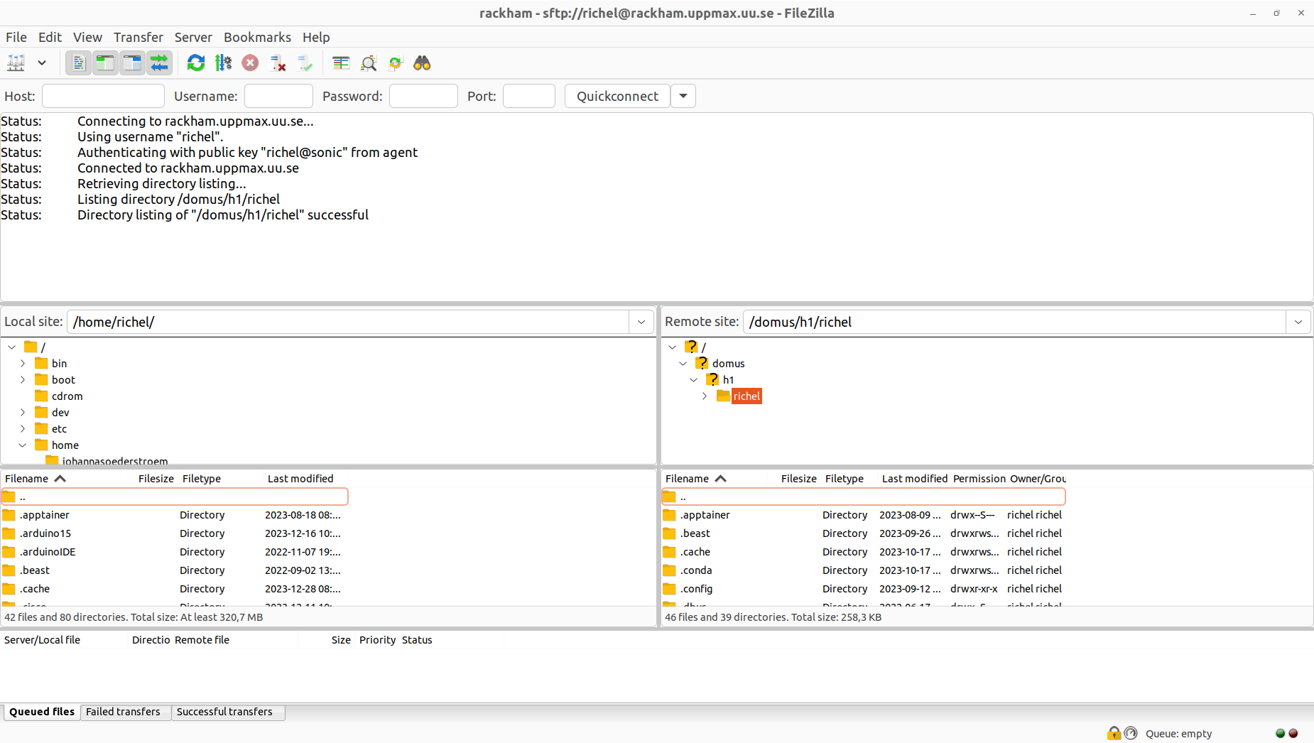 FileZilla connected to Pelle